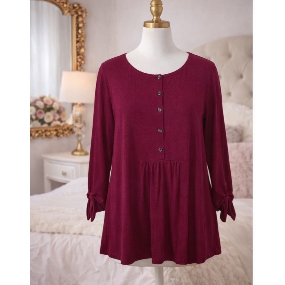 J. Jill Knit Popover Top Roll Tab Sleeve Half Button Front Berry Pink Size Small